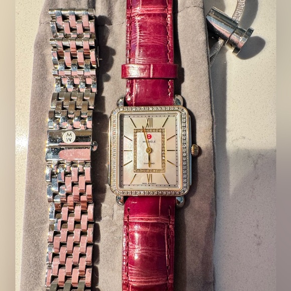 Michele Accessories - Michele Square Diamond-Accent Watch with Burgundy Leather Strap